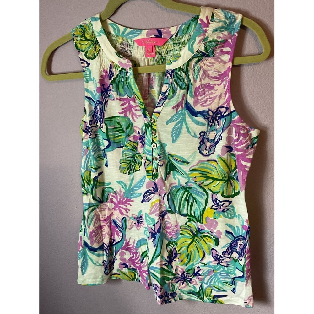 Lilly Pulitzer Essie Tank Top Resort White Mermaid In The Shade Size XS
